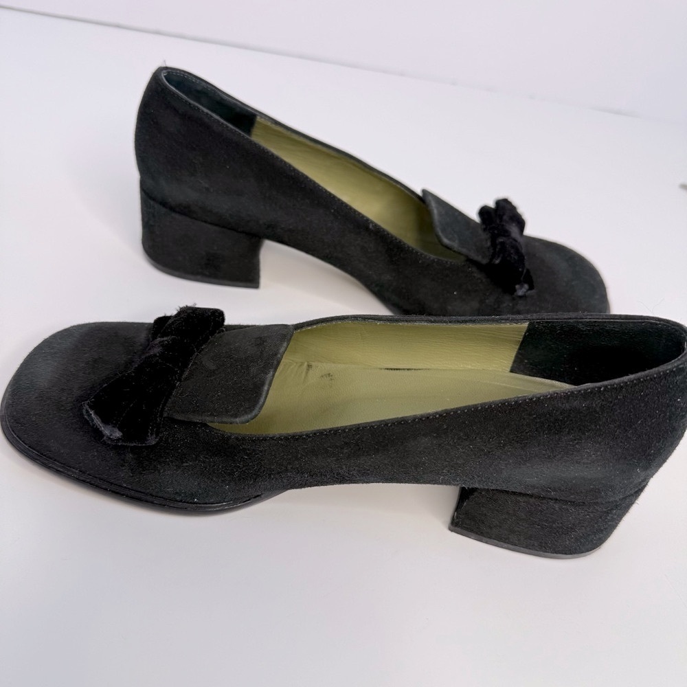 Maggie's Black Suede Velvet Bow Block Heel Loafers Square Toe Italy Size 8